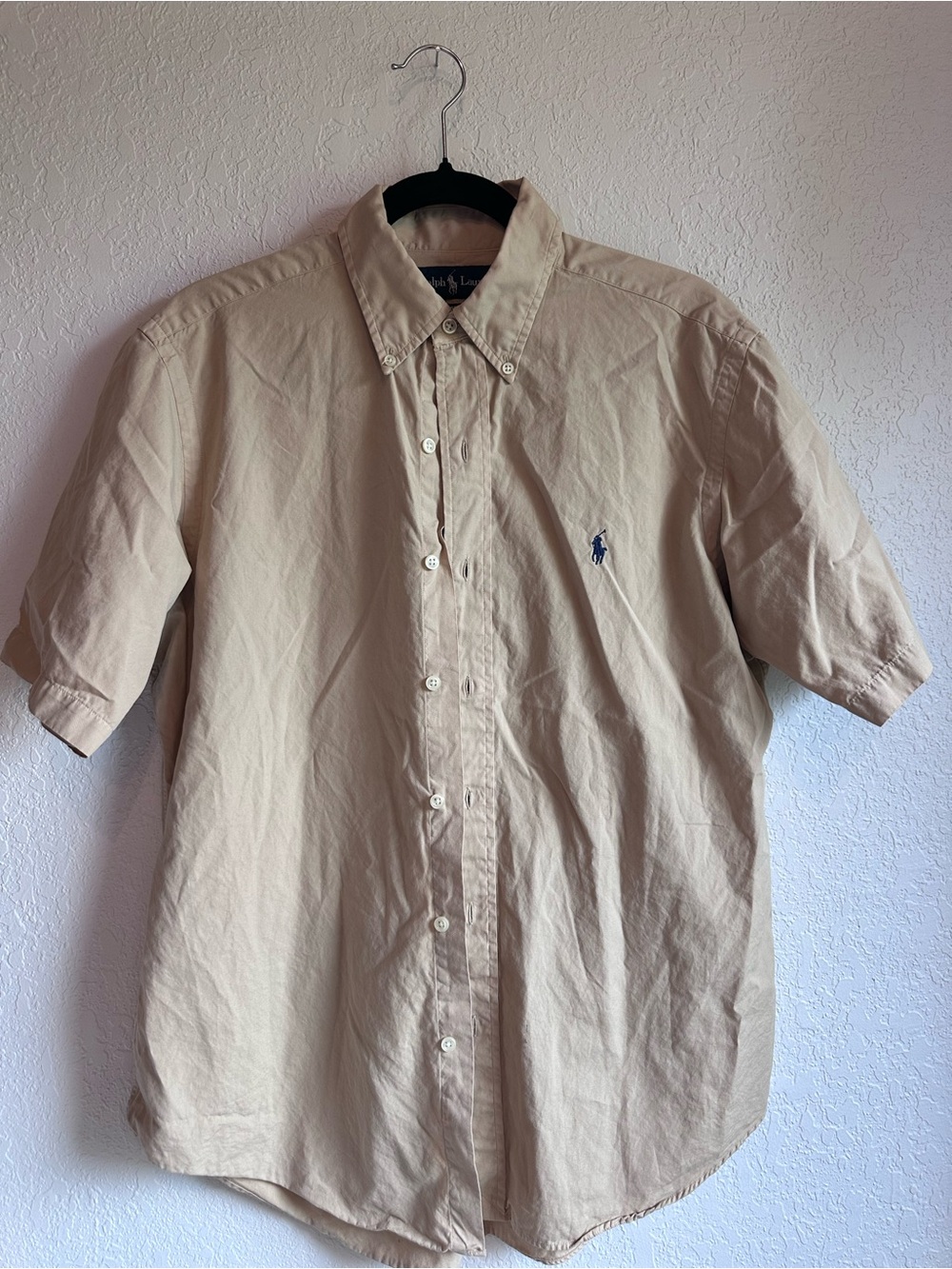 Ralph Lauren Men's Short-Sleeve Button-Down Shirt in Beige with Navy Pony